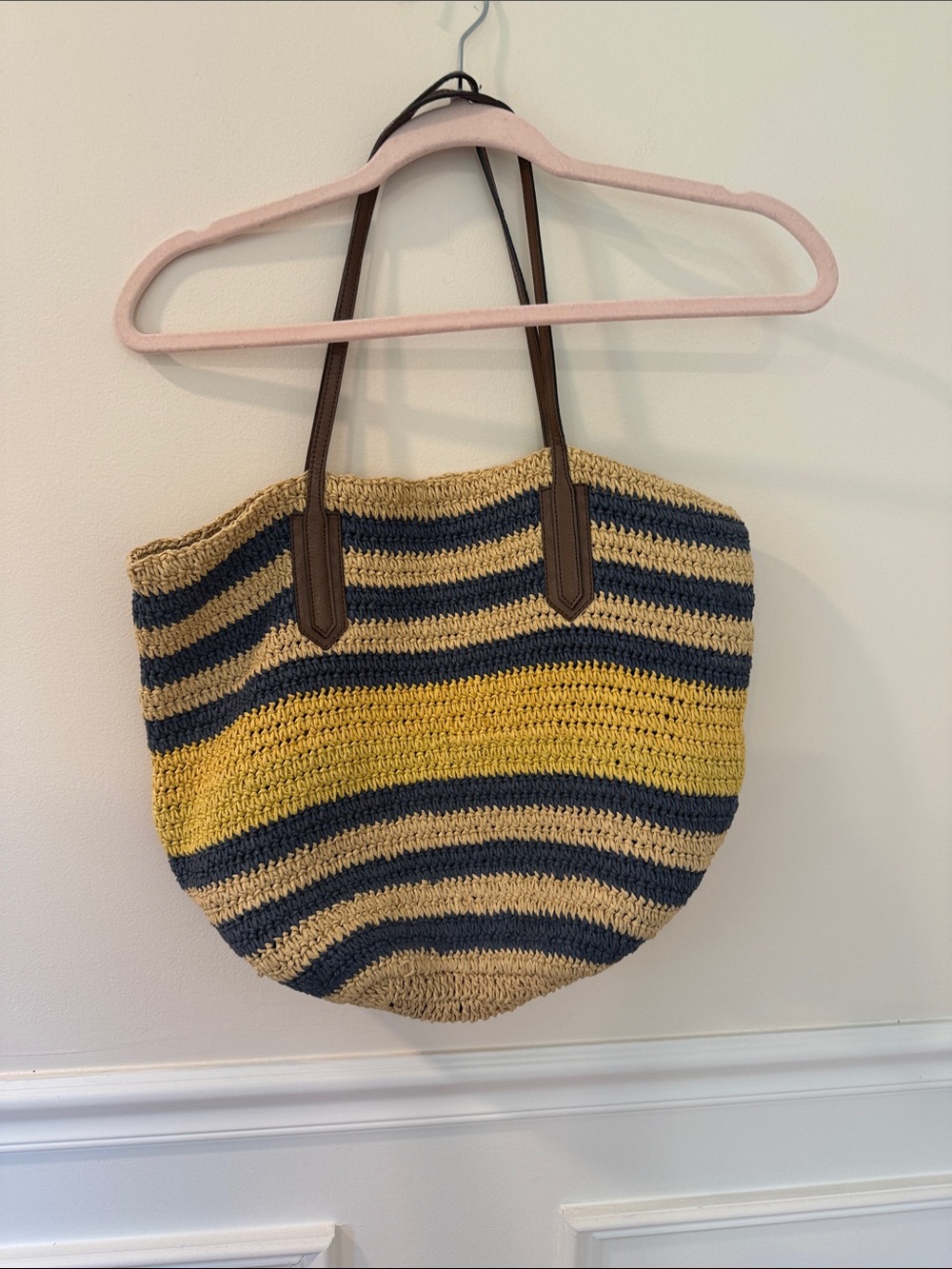 J. Crew Striped Crochet Tote in Yellow, Navy & Natural with Brown Handles